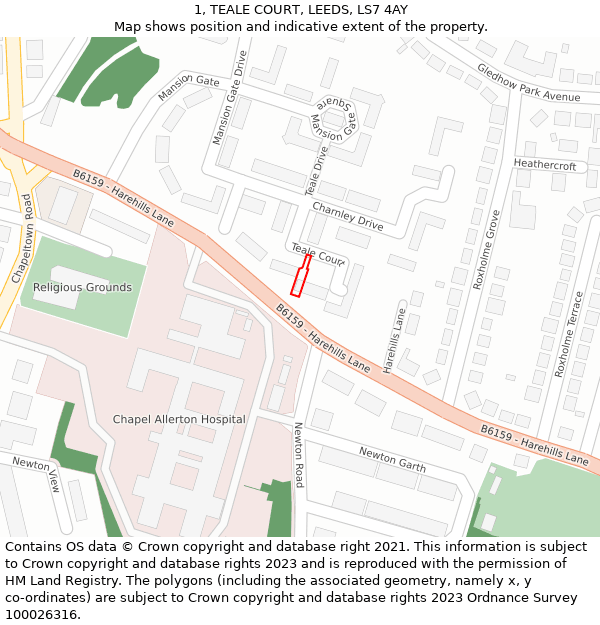 1, TEALE COURT, LEEDS, LS7 4AY: Location map and indicative extent of plot