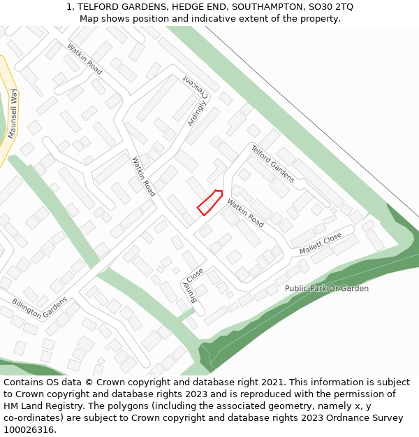 1, TELFORD GARDENS, HEDGE END, SOUTHAMPTON, SO30 2TQ: Location map and indicative extent of plot