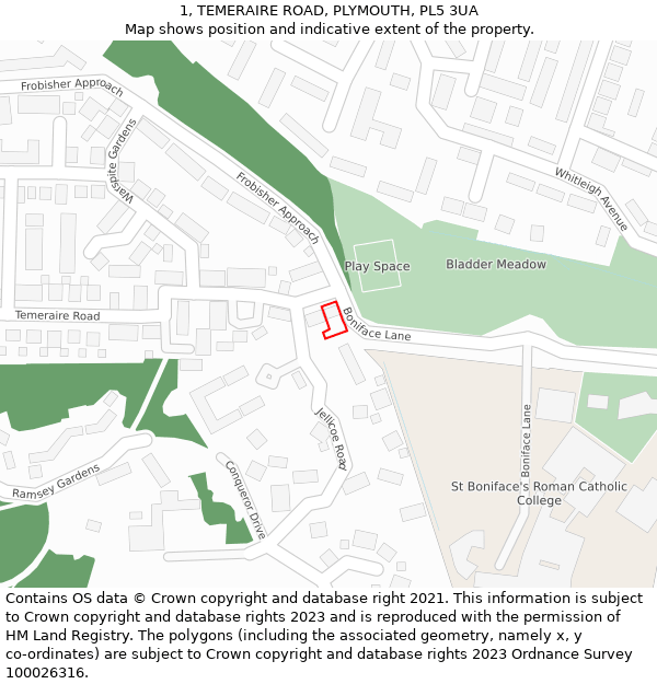 1, TEMERAIRE ROAD, PLYMOUTH, PL5 3UA: Location map and indicative extent of plot