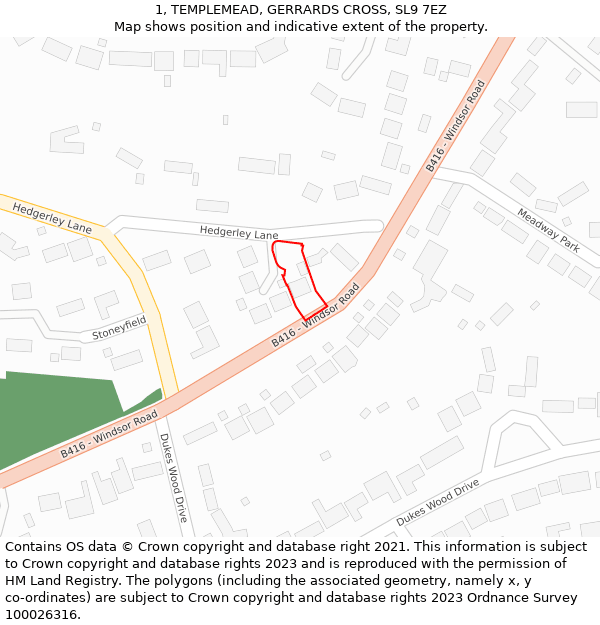 1, TEMPLEMEAD, GERRARDS CROSS, SL9 7EZ: Location map and indicative extent of plot