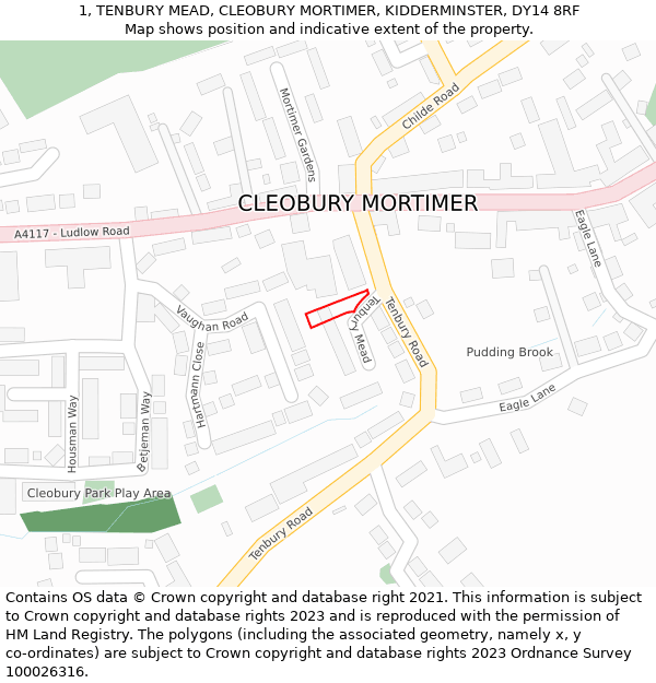 1, TENBURY MEAD, CLEOBURY MORTIMER, KIDDERMINSTER, DY14 8RF: Location map and indicative extent of plot