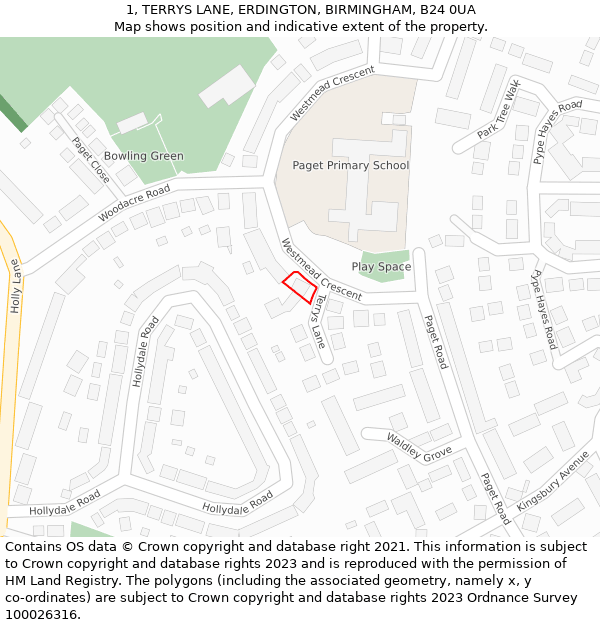 1, TERRYS LANE, ERDINGTON, BIRMINGHAM, B24 0UA: Location map and indicative extent of plot