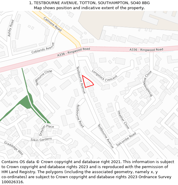 1, TESTBOURNE AVENUE, TOTTON, SOUTHAMPTON, SO40 8BG: Location map and indicative extent of plot