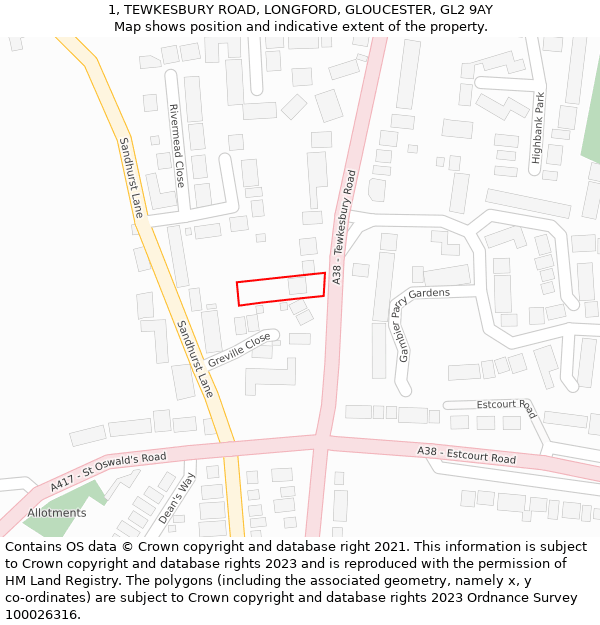 1, TEWKESBURY ROAD, LONGFORD, GLOUCESTER, GL2 9AY: Location map and indicative extent of plot