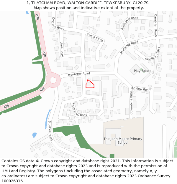 1, THATCHAM ROAD, WALTON CARDIFF, TEWKESBURY, GL20 7SL: Location map and indicative extent of plot