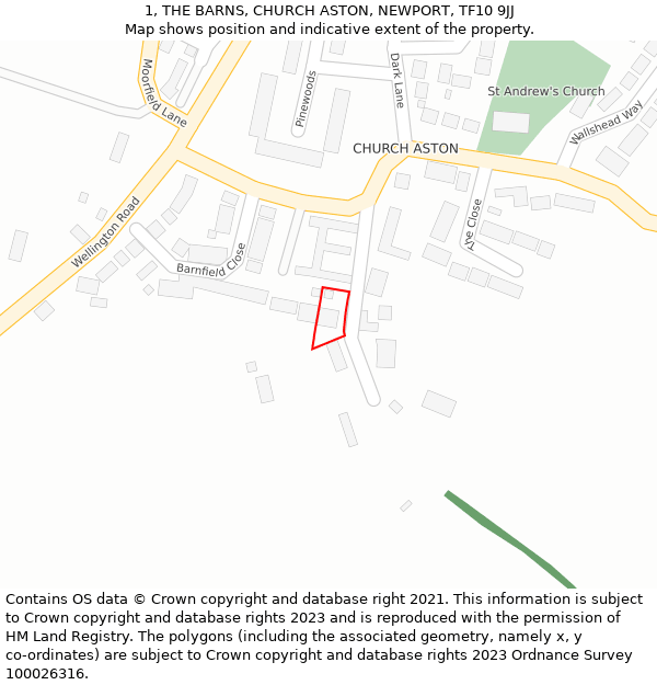 1, THE BARNS, CHURCH ASTON, NEWPORT, TF10 9JJ: Location map and indicative extent of plot
