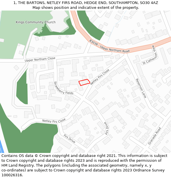 1, THE BARTONS, NETLEY FIRS ROAD, HEDGE END, SOUTHAMPTON, SO30 4AZ: Location map and indicative extent of plot