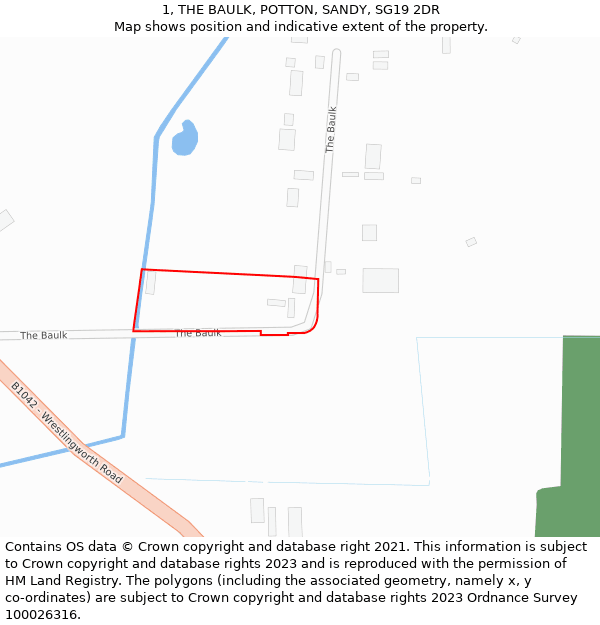 1, THE BAULK, POTTON, SANDY, SG19 2DR: Location map and indicative extent of plot