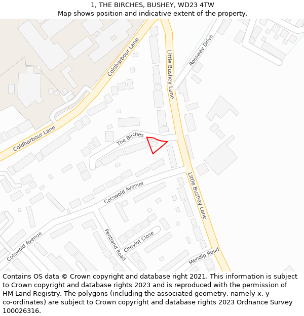 1, THE BIRCHES, BUSHEY, WD23 4TW: Location map and indicative extent of plot