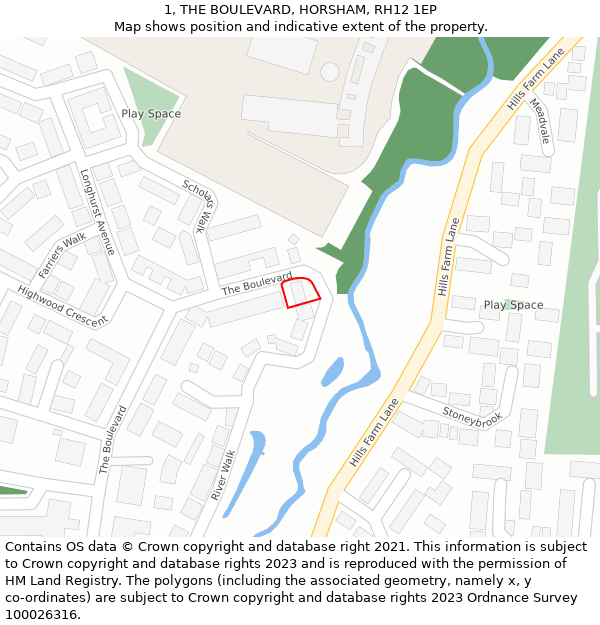 1, THE BOULEVARD, HORSHAM, RH12 1EP: Location map and indicative extent of plot