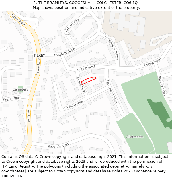 1, THE BRAMLEYS, COGGESHALL, COLCHESTER, CO6 1QJ: Location map and indicative extent of plot