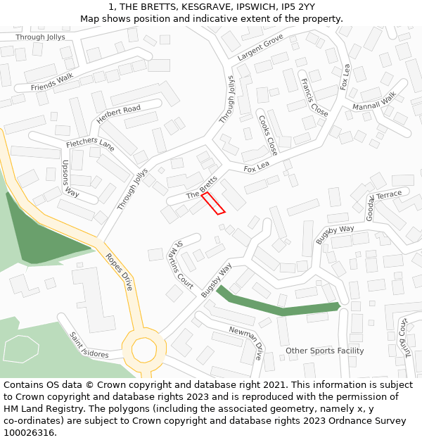 1, THE BRETTS, KESGRAVE, IPSWICH, IP5 2YY: Location map and indicative extent of plot