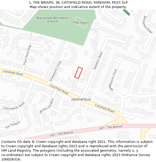 1, THE BRIARS, 36, CATISFIELD ROAD, FAREHAM, PO15 5LP: Location map and indicative extent of plot
