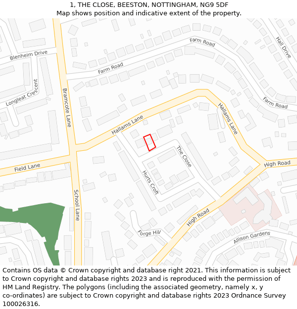 1, THE CLOSE, BEESTON, NOTTINGHAM, NG9 5DF: Location map and indicative extent of plot