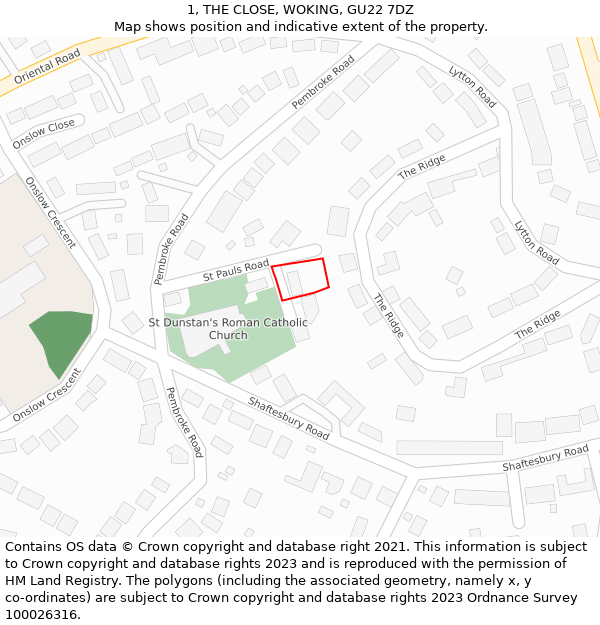 1, THE CLOSE, WOKING, GU22 7DZ: Location map and indicative extent of plot