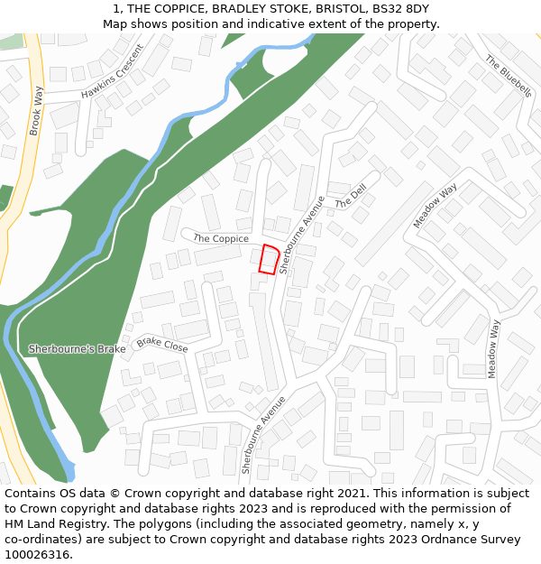 1, THE COPPICE, BRADLEY STOKE, BRISTOL, BS32 8DY: Location map and indicative extent of plot