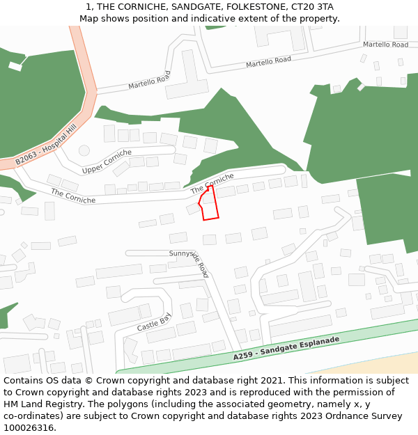 1, THE CORNICHE, SANDGATE, FOLKESTONE, CT20 3TA: Location map and indicative extent of plot