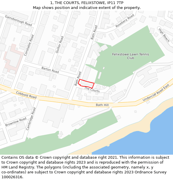 1, THE COURTS, FELIXSTOWE, IP11 7TP: Location map and indicative extent of plot