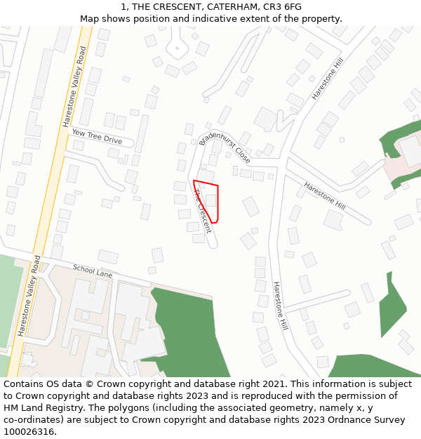 1, THE CRESCENT, CATERHAM, CR3 6FG: Location map and indicative extent of plot