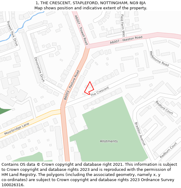 1, THE CRESCENT, STAPLEFORD, NOTTINGHAM, NG9 8JA: Location map and indicative extent of plot