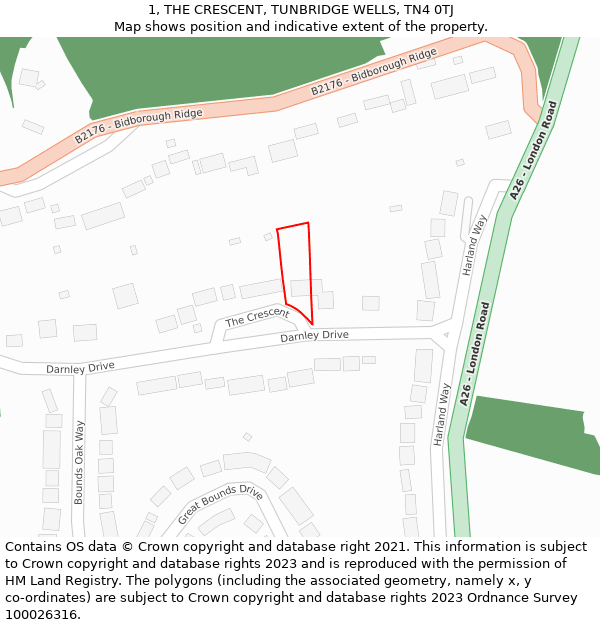 1, THE CRESCENT, TUNBRIDGE WELLS, TN4 0TJ: Location map and indicative extent of plot
