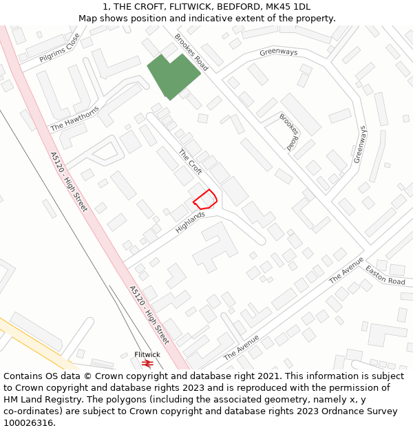 1, THE CROFT, FLITWICK, BEDFORD, MK45 1DL: Location map and indicative extent of plot