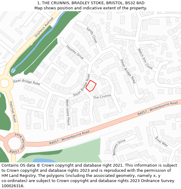 1, THE CRUNNIS, BRADLEY STOKE, BRISTOL, BS32 8AD: Location map and indicative extent of plot