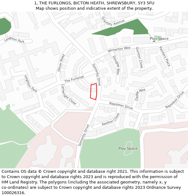 1, THE FURLONGS, BICTON HEATH, SHREWSBURY, SY3 5FU: Location map and indicative extent of plot