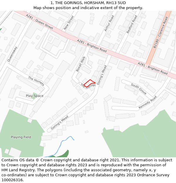 1, THE GORINGS, HORSHAM, RH13 5UD: Location map and indicative extent of plot