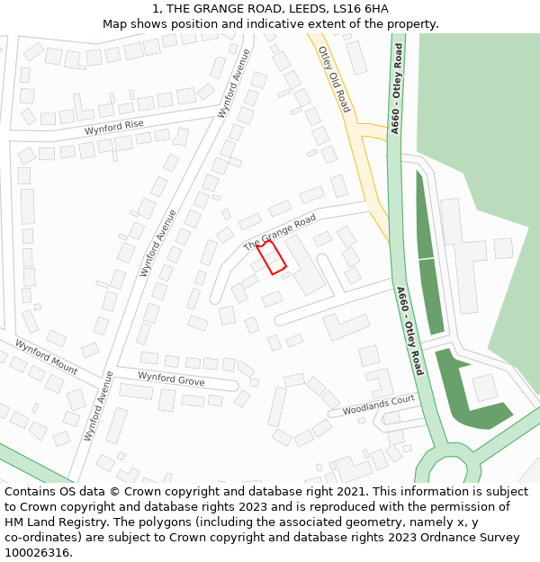 1, THE GRANGE ROAD, LEEDS, LS16 6HA: Location map and indicative extent of plot