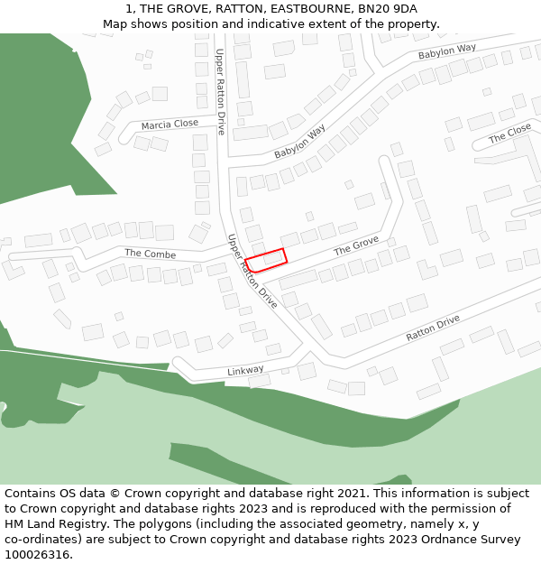 1, THE GROVE, RATTON, EASTBOURNE, BN20 9DA: Location map and indicative extent of plot