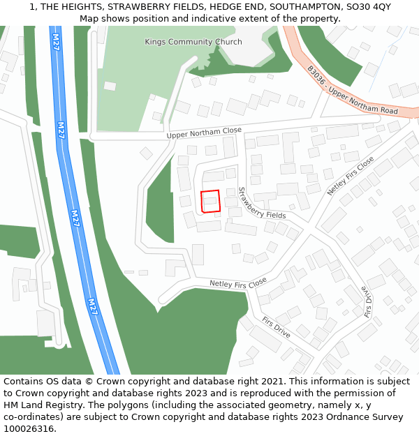 1, THE HEIGHTS, STRAWBERRY FIELDS, HEDGE END, SOUTHAMPTON, SO30 4QY: Location map and indicative extent of plot