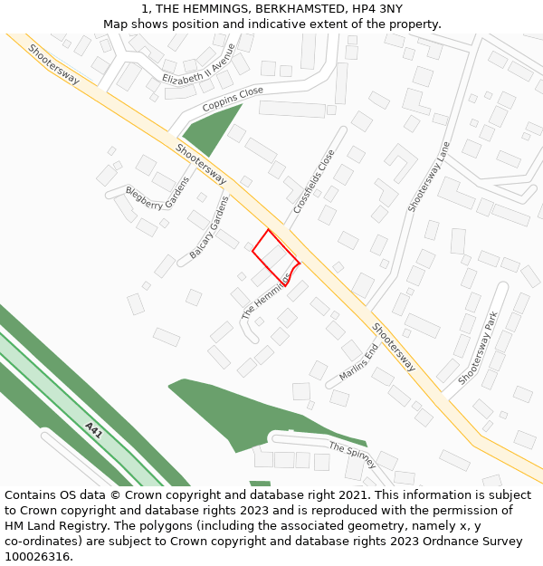 1, THE HEMMINGS, BERKHAMSTED, HP4 3NY: Location map and indicative extent of plot