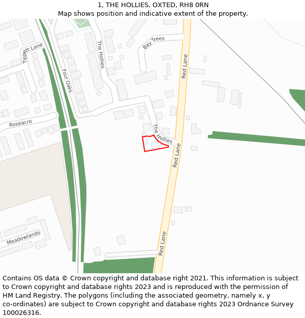 1, THE HOLLIES, OXTED, RH8 0RN: Location map and indicative extent of plot