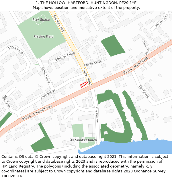 1, THE HOLLOW, HARTFORD, HUNTINGDON, PE29 1YE: Location map and indicative extent of plot