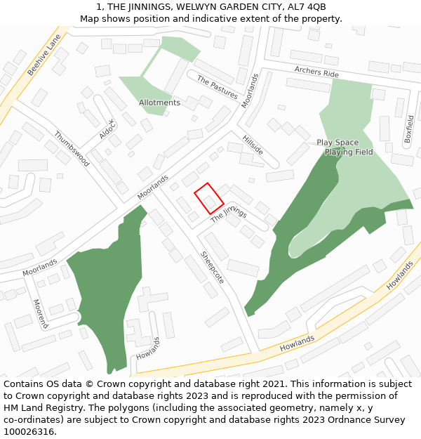 1, THE JINNINGS, WELWYN GARDEN CITY, AL7 4QB: Location map and indicative extent of plot