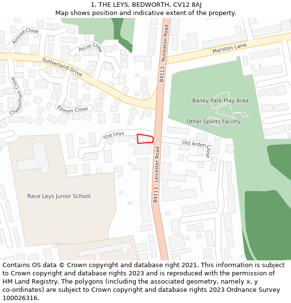 1, THE LEYS, BEDWORTH, CV12 8AJ: Location map and indicative extent of plot