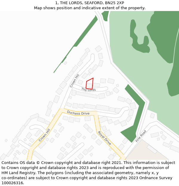 1, THE LORDS, SEAFORD, BN25 2XP: Location map and indicative extent of plot