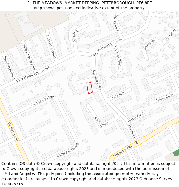 1, THE MEADOWS, MARKET DEEPING, PETERBOROUGH, PE6 8PE: Location map and indicative extent of plot