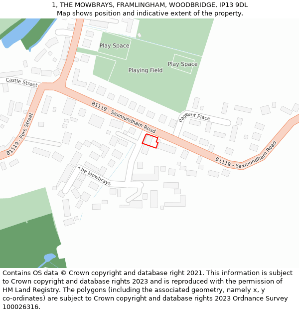 1, THE MOWBRAYS, FRAMLINGHAM, WOODBRIDGE, IP13 9DL: Location map and indicative extent of plot