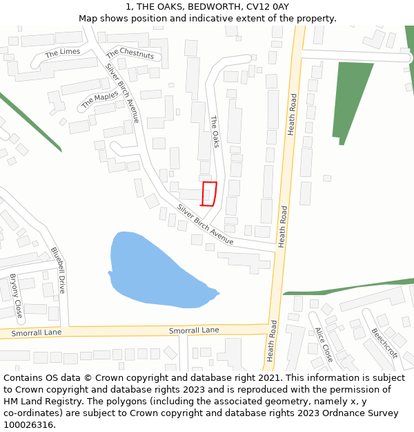 1, THE OAKS, BEDWORTH, CV12 0AY: Location map and indicative extent of plot