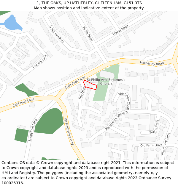 1, THE OAKS, UP HATHERLEY, CHELTENHAM, GL51 3TS: Location map and indicative extent of plot