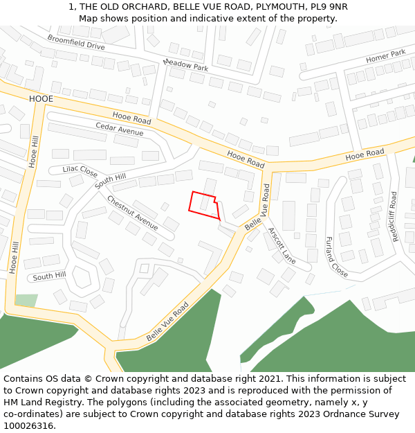 1, THE OLD ORCHARD, BELLE VUE ROAD, PLYMOUTH, PL9 9NR: Location map and indicative extent of plot