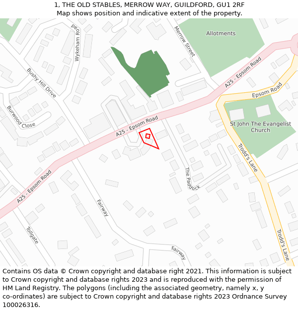 1, THE OLD STABLES, MERROW WAY, GUILDFORD, GU1 2RF: Location map and indicative extent of plot