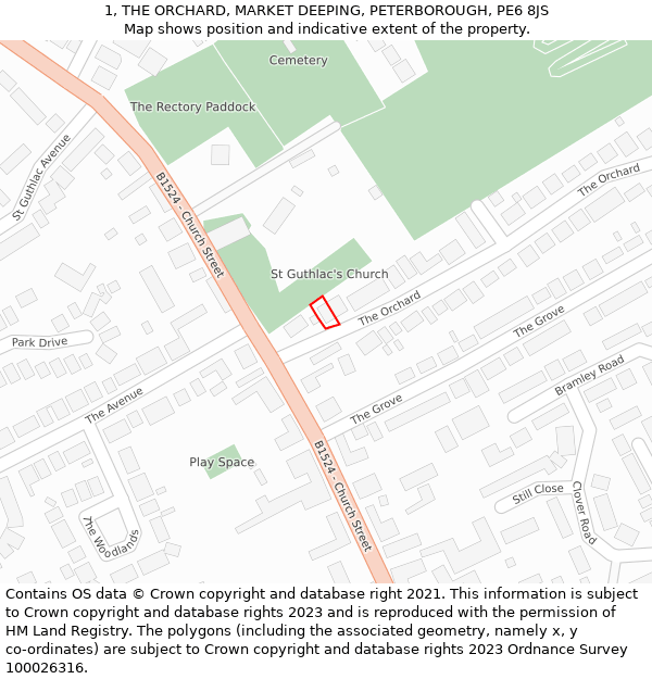 1, THE ORCHARD, MARKET DEEPING, PETERBOROUGH, PE6 8JS: Location map and indicative extent of plot