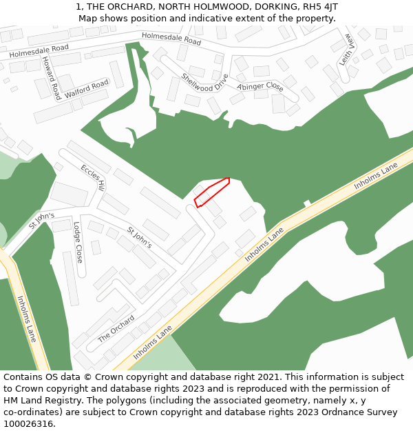 1, THE ORCHARD, NORTH HOLMWOOD, DORKING, RH5 4JT: Location map and indicative extent of plot