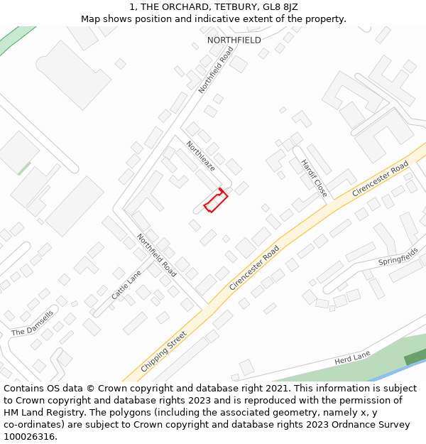 1, THE ORCHARD, TETBURY, GL8 8JZ: Location map and indicative extent of plot