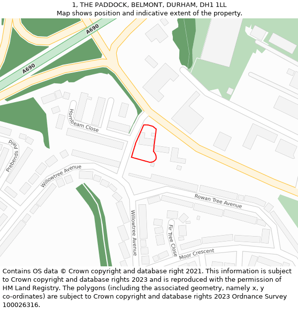 1, THE PADDOCK, BELMONT, DURHAM, DH1 1LL: Location map and indicative extent of plot