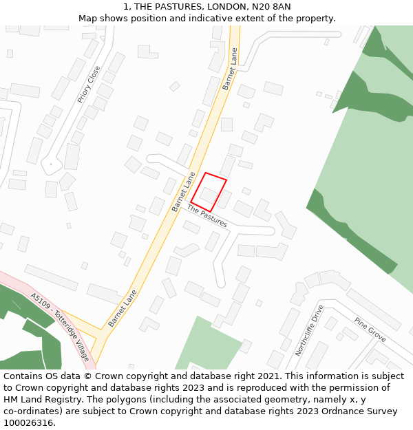 1, THE PASTURES, LONDON, N20 8AN: Location map and indicative extent of plot
