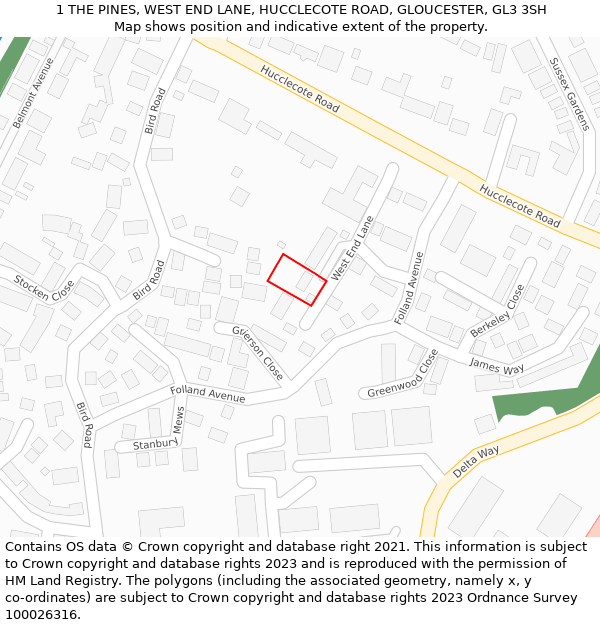 1 THE PINES, WEST END LANE, HUCCLECOTE ROAD, GLOUCESTER, GL3 3SH: Location map and indicative extent of plot